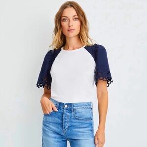 Veronica Beard Briana Eyelet Top XS NWOT Navy Blue Sleeves